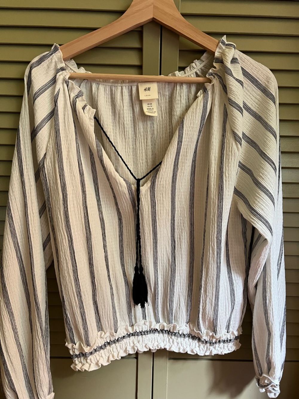 H&M White & Black Striped Peasant Top